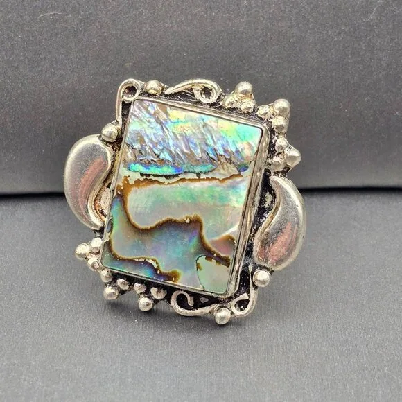 925 Sterling Silver Plt Abalone Shell Ring Size 8 Bezel Setting Statement - Picture 1 of 11